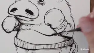 BOXING PIG illustration with Kuretake Menso Brush Kolinsky Small (Time Lapse)