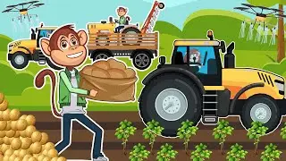 Monkey Farm Life: Potato Harvest - Tractor, Combine Harvester, Farm Truck | Funny Farm Vehicles