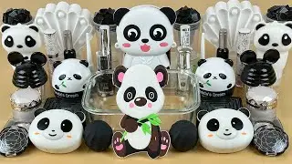 ASMR Slime 🐼🤍🖤 Mixing ”PANDA” makeup, Eyeshadow, glitter into slime. Satisfying slime video.