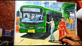 Bus stand watercolour composition | watercolour tutorial