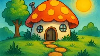 Cute Mushroom House Drawing for Beginners | Easy Crayon Landscape Tutorial Step by Step