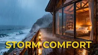 🔴 [Deepest Sleep] Heavy Coastal Rainstorm View from Cozy Cabin Bed for Total Stress Relief 🌊⛈️
