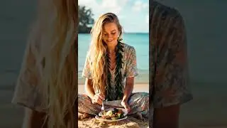 Una mujer rubia muy guapa, muy alegre, en la playa, comiendo.