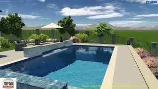 Large geometric pool with perimeter overflow spa