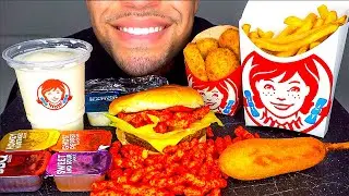 ASMR WENDY'S MUKBANG HOT CHEETOS NUGGETS CHEESEBURGER CORN DOG FROSTY FRIES JERRY EATING SHOW