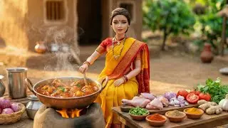 Miniature Doll Cooking Chicken Curry & Rice ASMR | Indian Village Tiny Kitchen Story