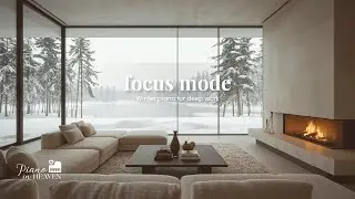 A Minimal Winter Interior with Large Windows, Frozen Lake Views, Fireplace and Soft Piano