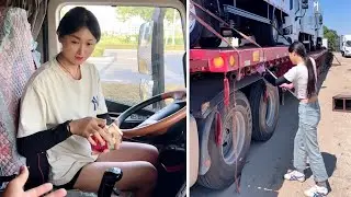 Female Truck Driver Duoduo Prepping Her Truck and Securing the Load for a Journey