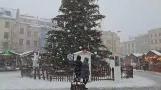 Christmas market in Jihlava during heavy snowfall