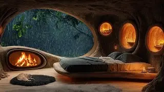 Rainy Night in a Cozy Treehouse 🌧️ Fireplace Ambience with Cat Sleeping | Relax, Study, Sleep