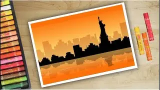 Statue of liberty city view Drawing with Oil pastels / drawing / Scenery drawing