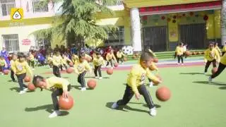 Chinese kindergarten kids synchronized basketball practice dribble routine