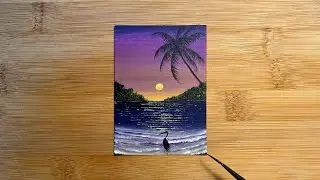 How to paint a SUNSET SEASCAPE with HERON SILHOUETTE | Easy Art tutorial | Beginner 