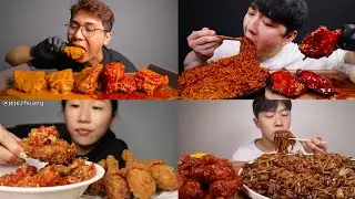 KOREAN VS INDONESIAN FOOD BLACK BEAN NOODLES, AYAM GEPREK PEDAS 🔥 #mukbang #asmr