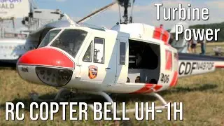 Huge Scale RC Helicopter Bell UH-1H Turbine Power Flying at Flight Show Model: CAL Fire Bear Valley