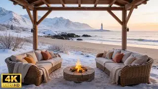 Cozy Winter Beach Ambience ❄ Soothing Piano Music with Crackling Fireplace & Ocean Waves for Study