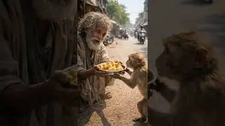 A monkey stole food to feed a hungry man #ai #baby #monkey