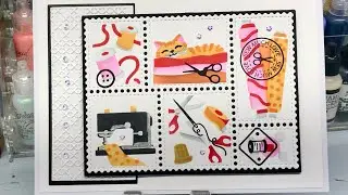 Let's Make a 5x7 Card - Waffle Flower, Sew Fun Cat Postal Collage Card