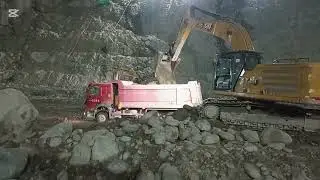 INSANE CAT Excavator Night Operation | Massive Rock Loading in Extreme Quarry