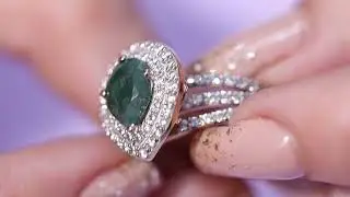Pear Shape Moss Agate Engagement Ring | Double Halo | Moissanite Diamond | Jewelry