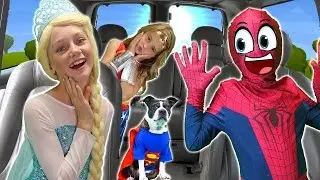 Superhero CARPOOL RIDE DANCE PARTY! Spiderman Batman Superman Dog Wonder Woman FUNNY VIDEO   Comics