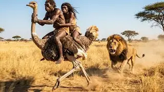 Prehistoric Man Escapes a Lion Attack by Riding an Ostrich &mdash; A Stunning Survival Chase