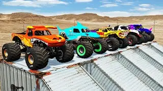 Monster Truck Double Flatbed Trailer Train with Color Slide | Beamng.drive