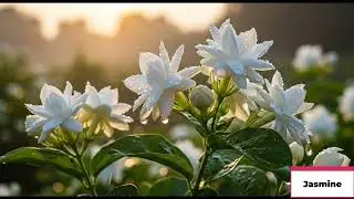 Delicate white jasmine flowers with morning dew drops in golden sunrise light