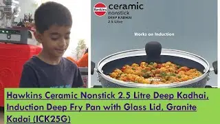 Hawkins Ceramic Nonstick 2 5 Litre Deep Kadhai, Induction Deep Fry Pan with Glass Lid, Granite Kadai