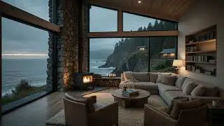 Cozy Ocean Cliff Cabin Fireplace 🔥🌊 | Evening Coastal Ambience for Relaxation