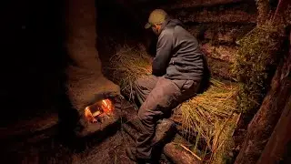 Building a Warm Log Cabin, with a clay stove. Cozy Shelter, Secret Dugout, Bushcraft, Survival