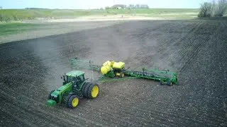 Drone Video 2017 John Deere 8345R Tractor Pulling 2017 DB66 Planter 8 mph near Hancock, MN