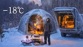 -18℃ Кемпинг в снежном поле с моей собакой . Надувная палатка с обогревателем . Дровяная печь ASMR