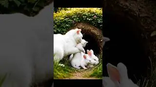 White Rabbit Feeds Her Babies&hellip; And a Tiny Kitten Too! #rabbitmom #catmom #cute #pets