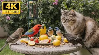 [No Ad Interruptions] Cat TV 😺 A squirrel stands upright watching birds move around the area.