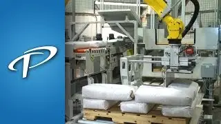 Robotic Bag Palletizer with lateral gripper handling slip sheets