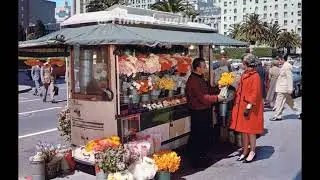 Vintage San Francisco Street Flower Vendor, California, Color video of the 1960's, Street Scene