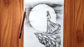 How to Draw a Girl in Mountain with Moonlight Scenery - Pencil Sketch Drawing for Beginners