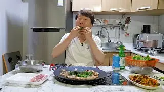 두툼한 생삼겹살과 향긋한  봄 미나리에 혼술하는 40대 대전총각의 주말.