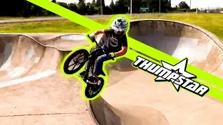 Caiden rides Thumpstar TSE 16 Electric Balance Bike and BMX at Skatepark