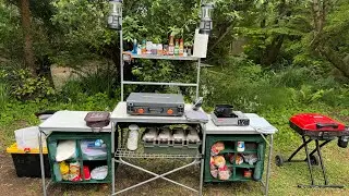Camping set up with cabelas camp kitchen.