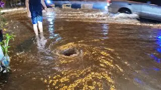 After heavy rains, water blocked the drains and flooded the roads