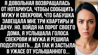 Вернулась от нотариуса, чтобы сообщить мужу и свекрови, что бабушка завещала мне три квартиры и дачу