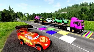 Double Flatbed Trailer Truck vs Speedbumps Train vs Cars | Tractor vs Train Beamng.Drive #057