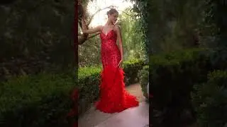 FITTED RED MERMAID GOWN WITH FEATHER DETAILS