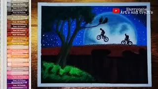 Bikers in Moonlight Mountain Scenery/Oil Pastel Painting step by step | Harrycane Art's and Craft's