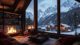 Warm Mountain Cabin under Gentle Snowfall ASMR with Crackling Fireplace for Deep Sleep
