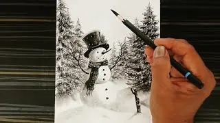 Snowman in winter forest ! Step by step Pencil drawing easy !
