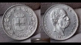 Обзор монет : 1 лира 1887 г. Королевство Италия. Король Умберто I.