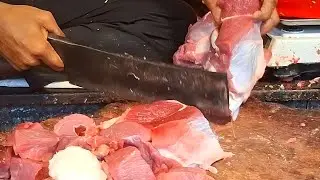 Amazing cow meat cutting at local meat bazar. Attractive beef cutting skills by professional butcher